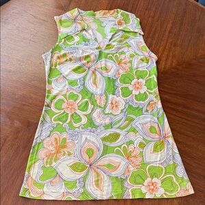 Vintage Psychedelic 60s Floral Sleeveless Collared Shift Mini Dress in Lime